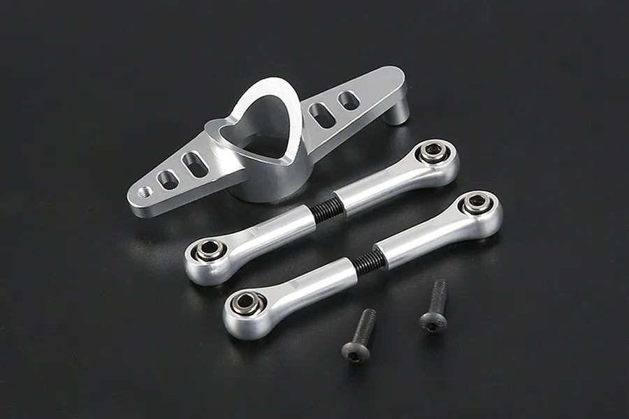Rovan silver aluminium steering mount set including a main steering arm, two adjustable tie rods with ball ends, and two black mounting screws.