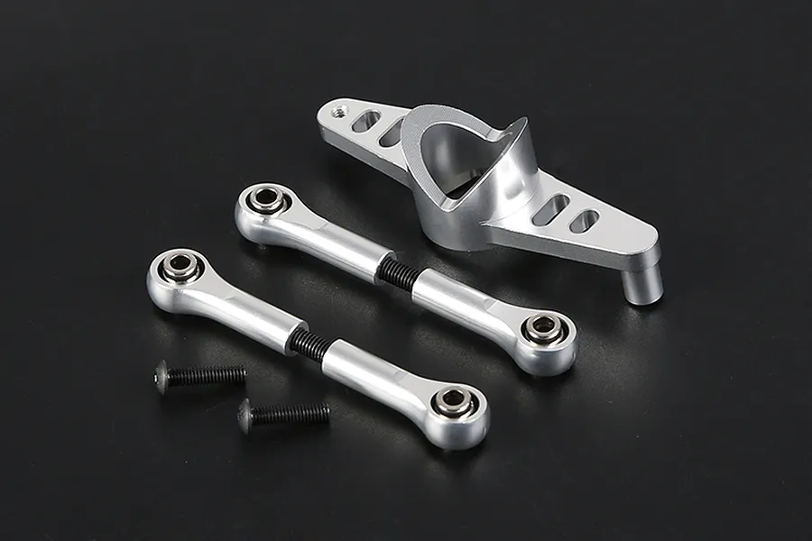 Rovan silver aluminium steering mount and two adjustable tie rods with ball ends and black screws on a black background.