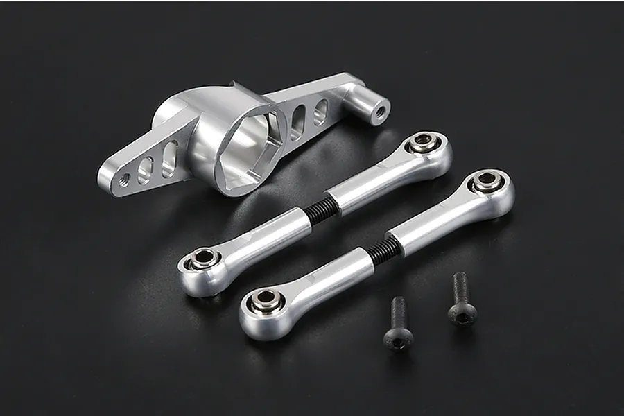 Rovan silver aluminium dual steering mount set including a steering arm, two adjustable tie rods with rod ends, and two black screws.