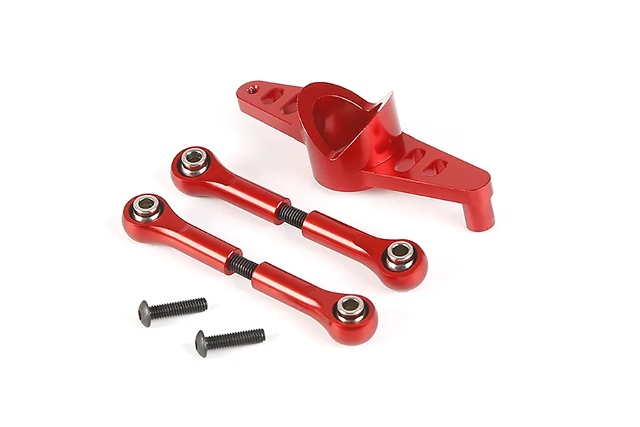 A set of red anodized aluminium RC steering components including a central mount, two adjustable turnbuckle linkages, and two black screws.
