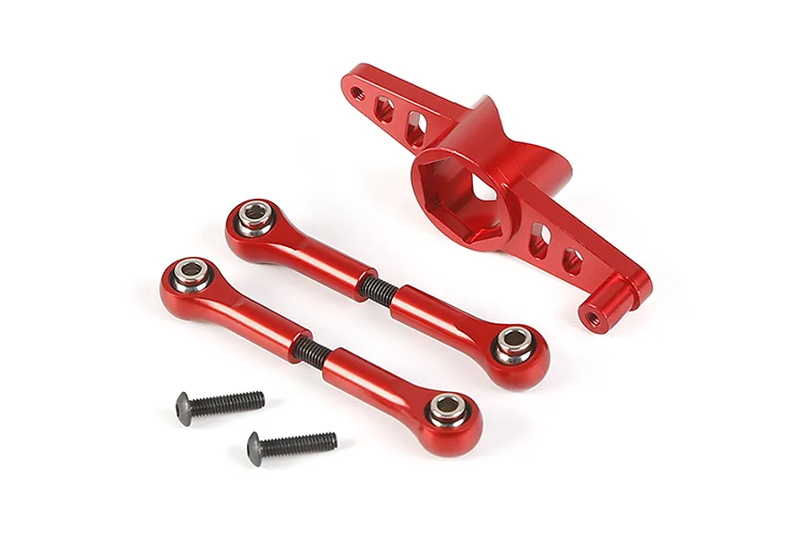 A set of red anodized aluminium RC steering components including a dual steering mount, two turnbuckle linkages, and two black screws on a white background.