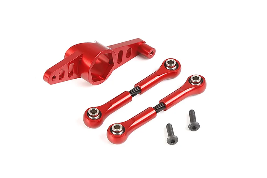 A set of red anodized aluminium RC steering components including a steering arm, two turnbuckle linkages, and two black screws on a white background.