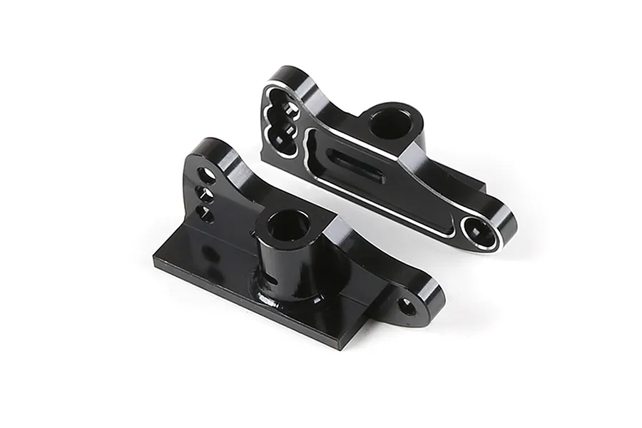 Two black anodized aluminium RC rear wing mounts with silver machined edges, shown from an elevated angle on a white background.