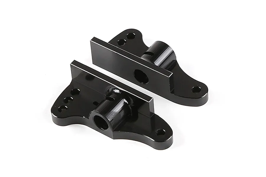 Two black anodized aluminium rear wing mounts for an RC car, shown from an elevated angle on a white background.
