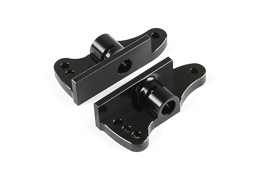 Two black aluminium RC car rear wing mounts positioned on a white background.