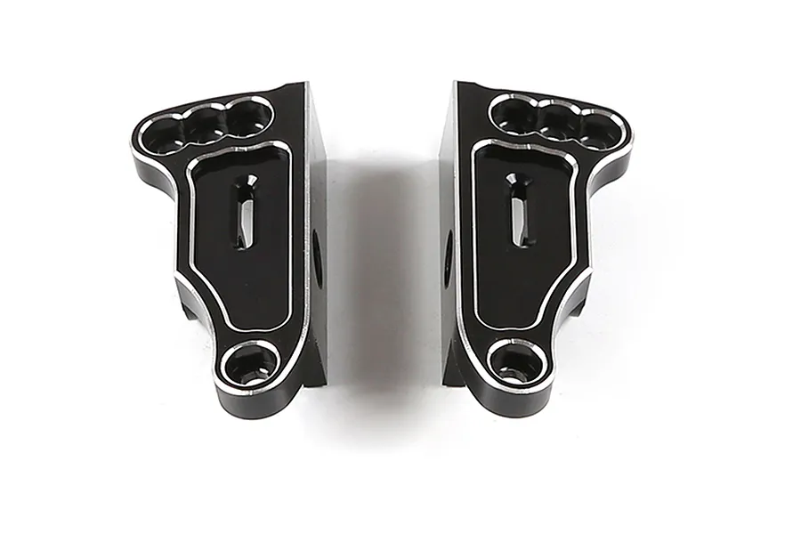 A pair of black anodized aluminium rear wing mounts for an RC car, featuring silver chamfered edges and mounting holes.