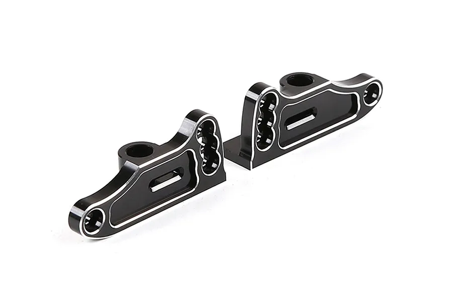 A pair of black anodized aluminium rear wing mounts for an RC car, featuring silver chamfered edges and mounting holes.