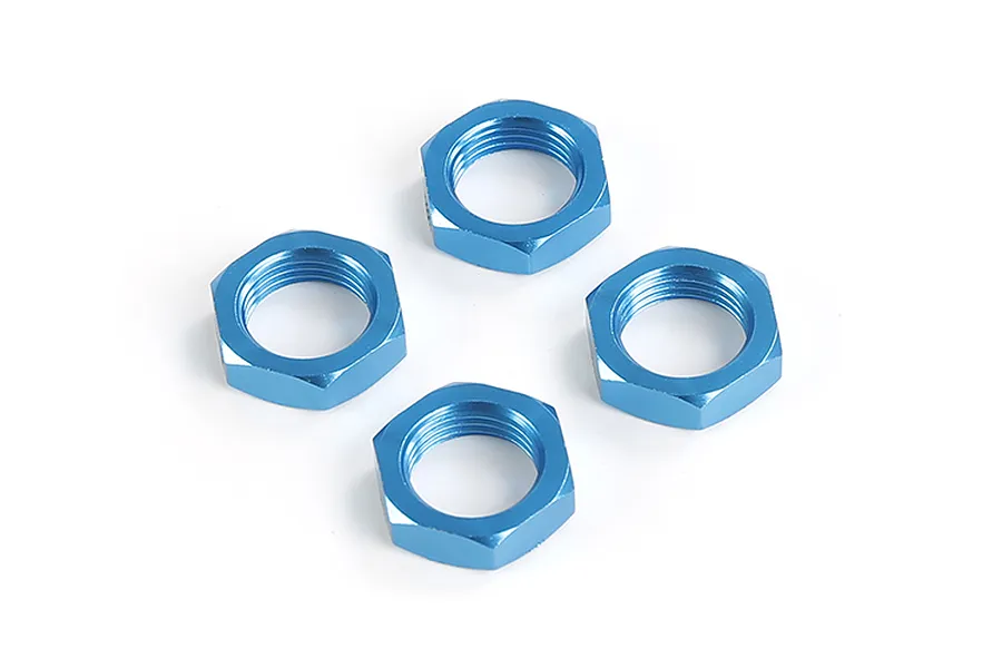 Four blue anodized aluminium wheel nuts arranged in a square pattern on a white background.