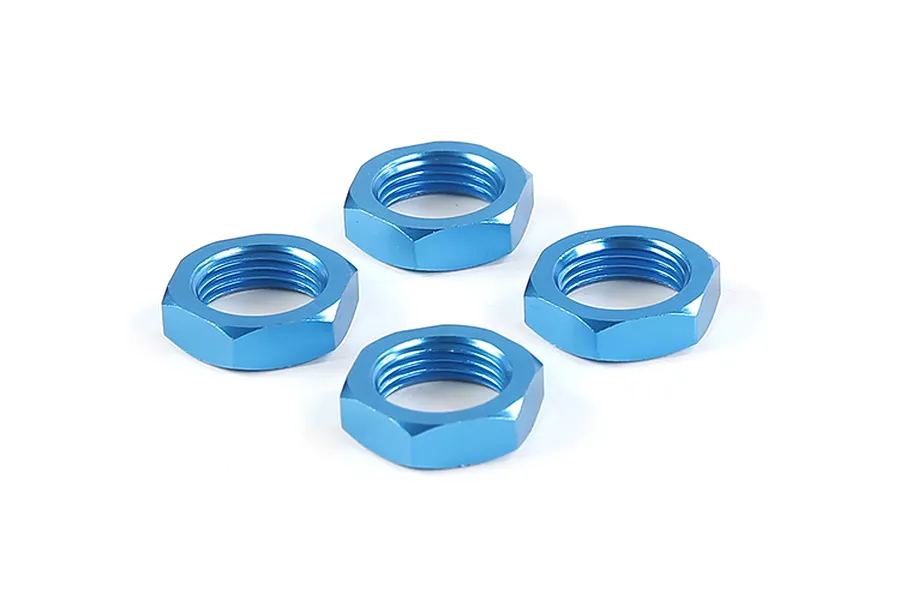 Four blue anodized aluminium hex wheel nuts arranged in a diamond pattern on a white background.