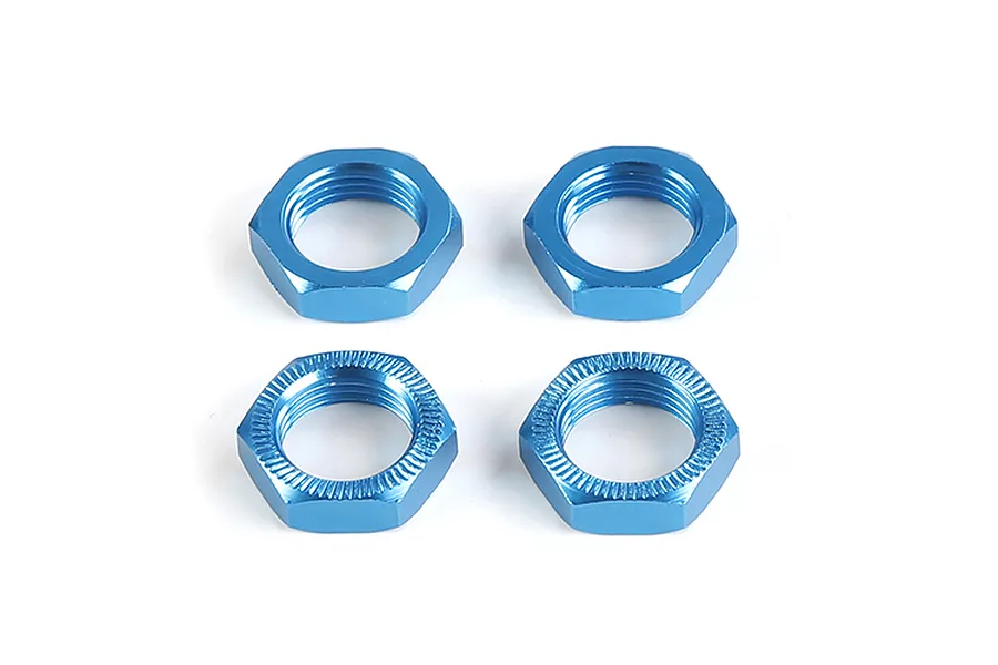 Four blue anodized aluminium wheel nuts for RC cars, arranged in a two-by-two grid on a white background.