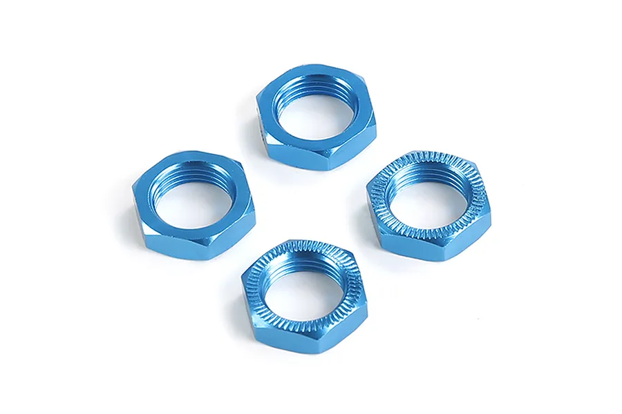 Four blue anodized aluminium wheel nuts for RC cars, arranged on a plain white background.