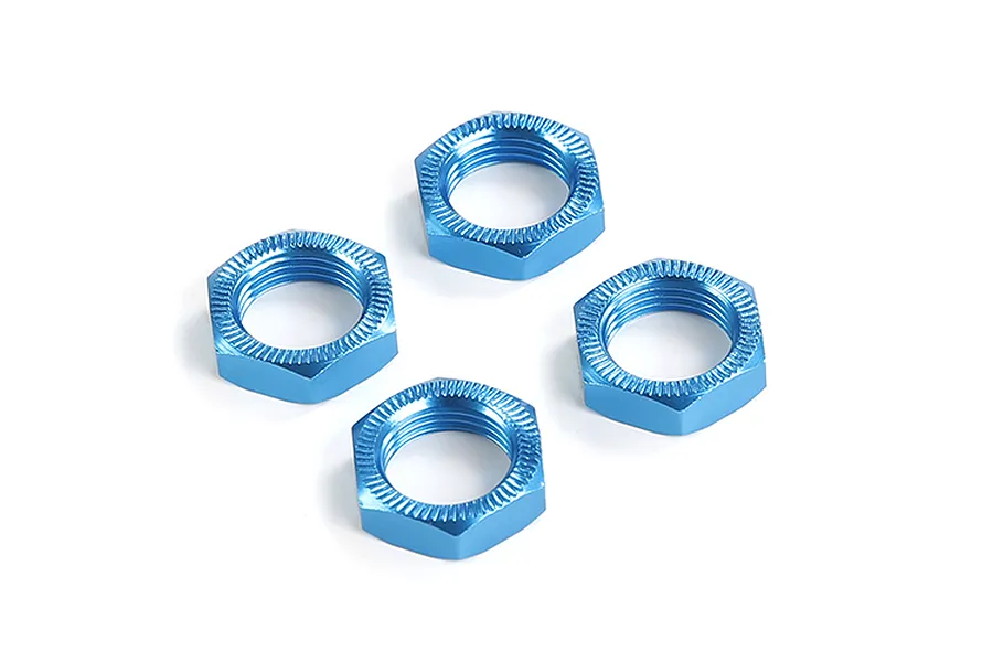 Four blue anodized aluminium serrated wheel nuts arranged on a white background.