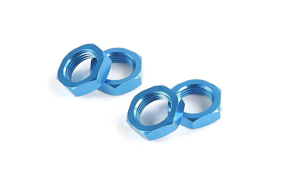 Four blue anodized aluminium hex wheel nuts arranged on a white background.