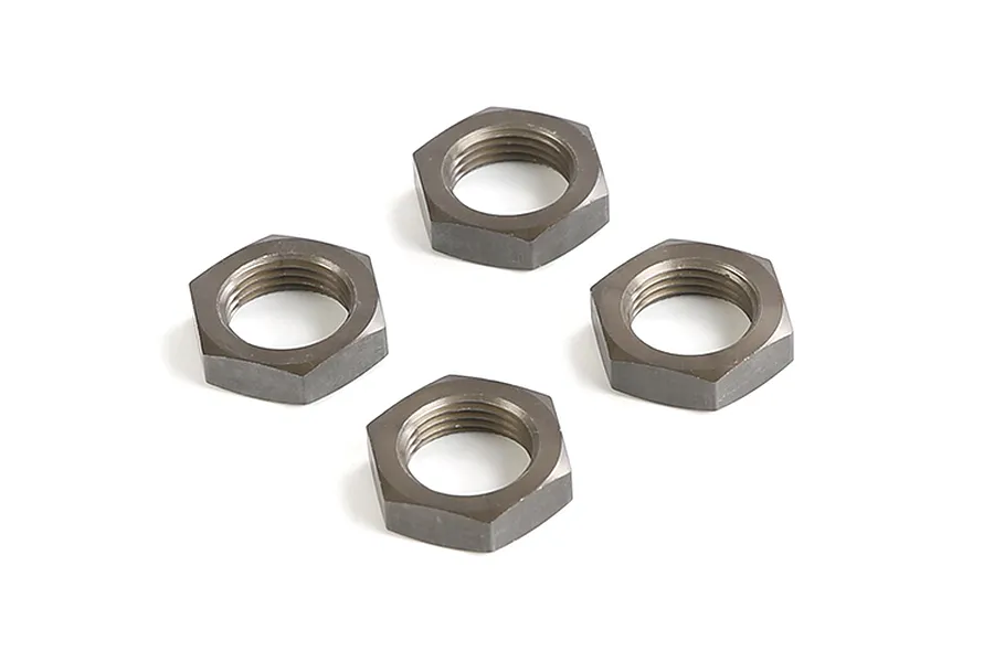 Four gunmetal grey aluminium hex wheel nuts arranged on a white background.