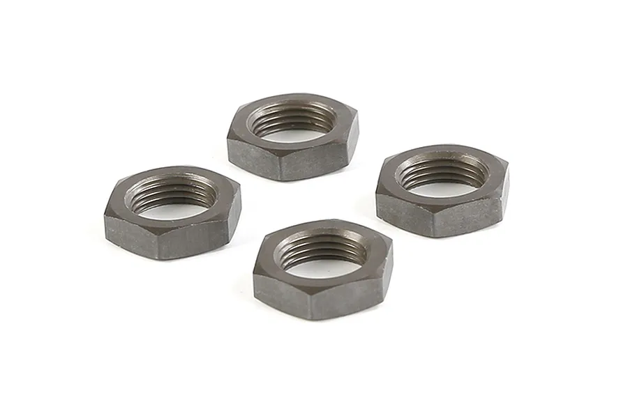 Four gunmetal grey aluminium hex wheel nuts arranged on a white background.
