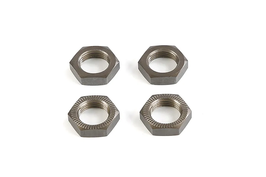 Four gunmetal grey aluminium wheel nuts arranged in a square on a white background.