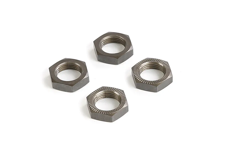Four gunmetal grey aluminium wheel nuts for RC vehicles, arranged on a white background.