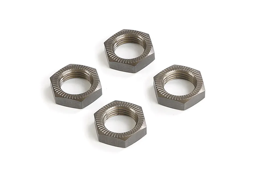 Four gunmetal grey serrated wheel nuts for RC vehicles arranged on a white background.