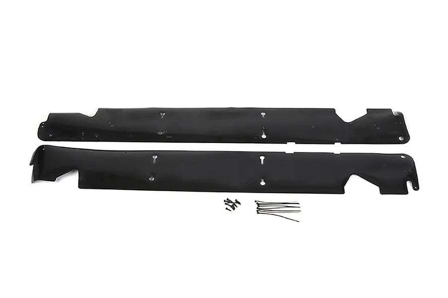 Two black Rovan RC dust guards with mounting screws and zip ties on a white background.
