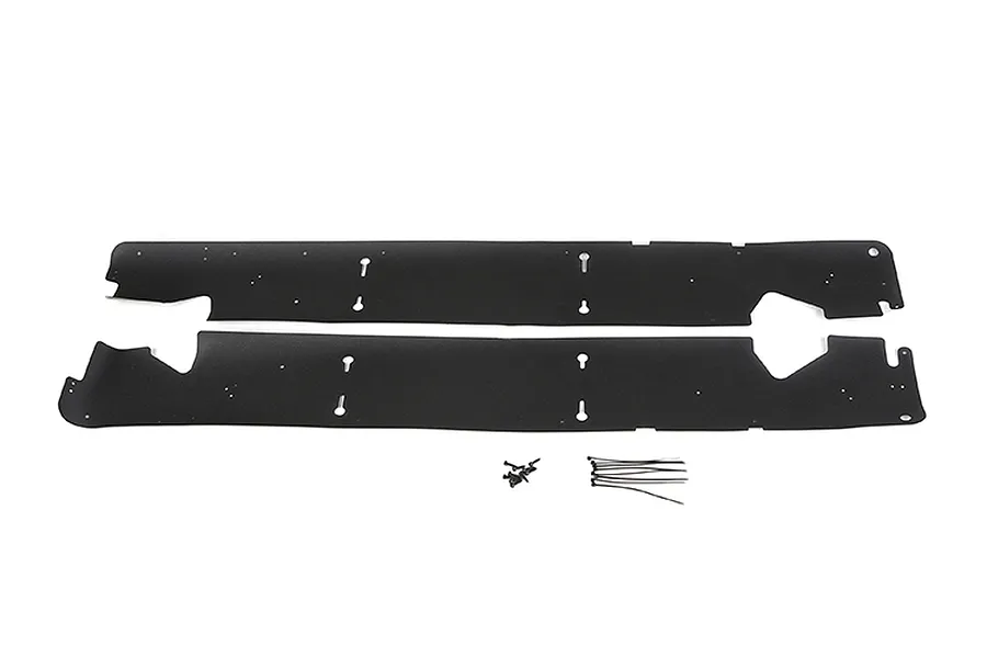 Two black Rovan RC dust guard panels with mounting screws and zip ties on a white background.