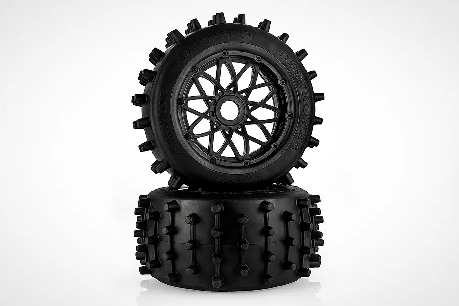 Rovan 4.7/5.5&amp;quot; Spike Rear Tyres on Black Rims - Glued Wheels 2Pcs image 86590
