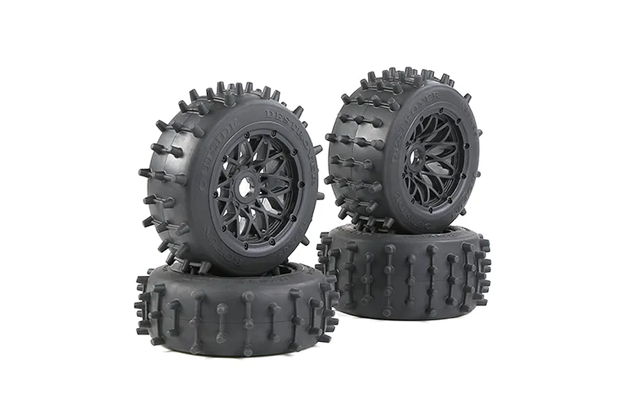 Rovan 4.7/5.5&amp;quot; Spike Front &amp;amp; Rear Tyres on Black Rims - Glued Wheels 4Pcs image 86592