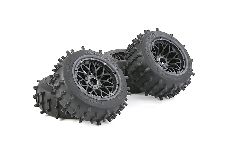 Rovan 4.7/5.5&amp;quot; Spike Front &amp;amp; Rear Tyres on Black Rims - Glued Wheels 4Pcs image 86596