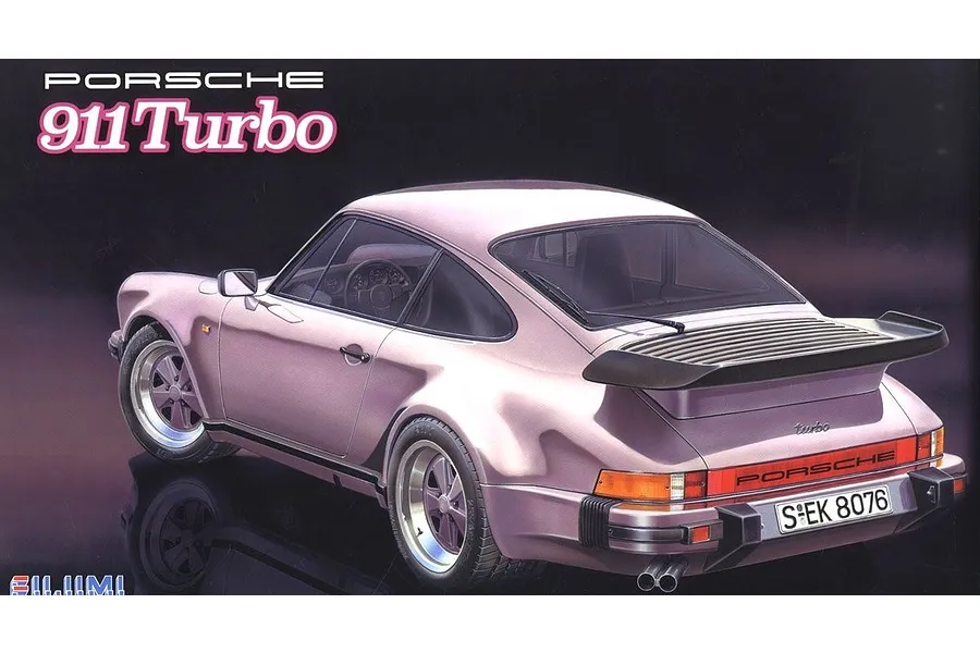 Box art for a Fujimi 1/24 scale Porsche 911 Turbo model kit featuring an illustration of a pink Porsche 911 Turbo on a dark background.