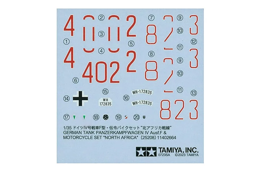 A Tamiya 1/35 scale decal sheet for a German Panzer IV Ausf.F and motorcycle set, featuring various red numbers, license plates, and military insignias.