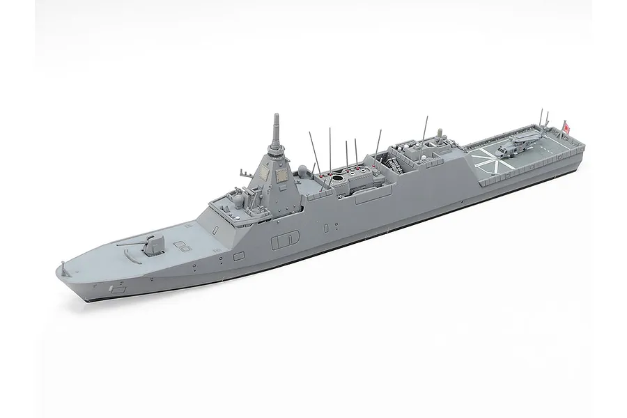 A 1/700 scale model of the JMSDF FFM-1 Mogami frigate, painted in grey with a helicopter on the rear deck, set against a white background.