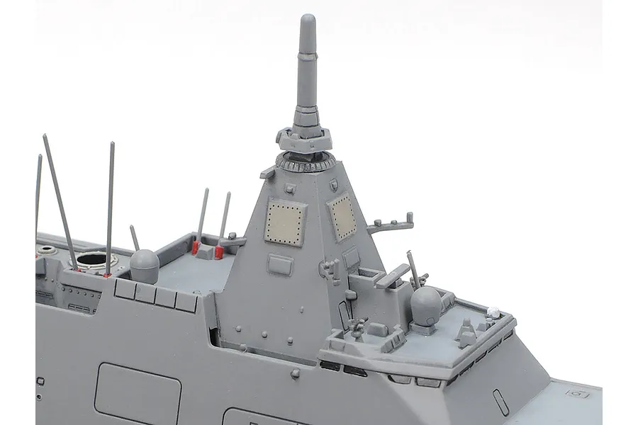Close-up of the mast and superstructure of a 1/700 scale Tamiya JMSDF Mogami-class frigate model kit.