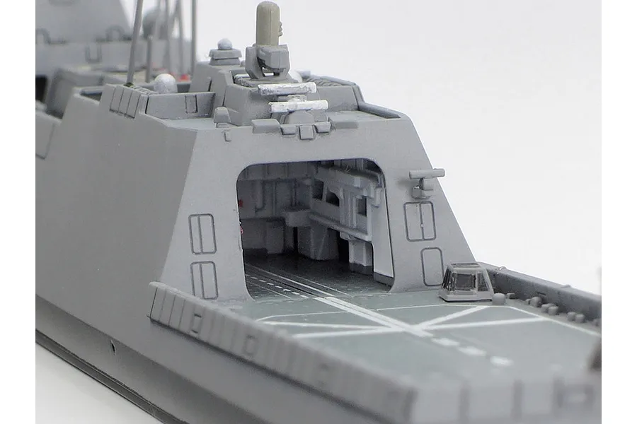 Close-up of the stern and helicopter hangar area of a 1/700 scale Tamiya JMSDF Mogami-class frigate model kit.