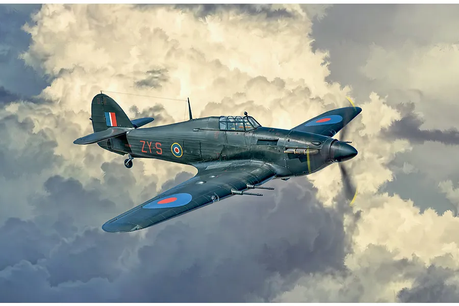 An artistic illustration of a Hawker Hurricane Mk.II C fighter plane flying through a cloudy sky.