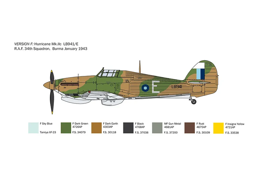 A digital illustration showing the side profile of a Hawker Hurricane Mk.IIc fighter aircraft in camouflage, including a paint reference guide.