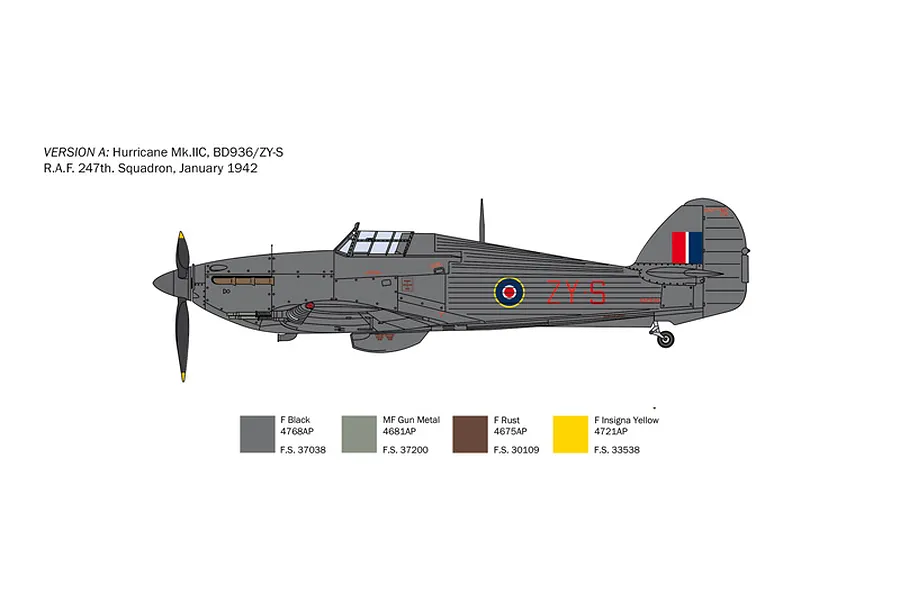 Side profile illustration of a Hawker Hurricane Mk.IIC fighter aircraft with a colour reference chart below.