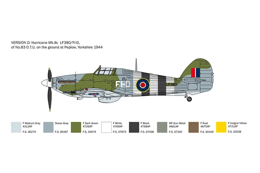 A digital profile view illustration of a Hawker Hurricane Mk.IIc aircraft with a color guide for painting the model kit.