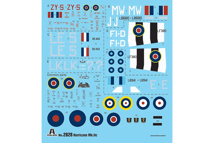 A decal sheet for an Italeri 1/48 Hawker Hurricane Mk.II C model kit, featuring various RAF roundels, squadron codes, and stencils on a light blue background.