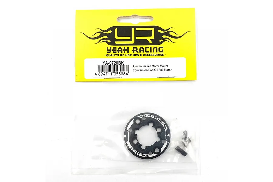 Yeah Racing black aluminum 540 motor mount conversion kit in original yellow and white packaging.