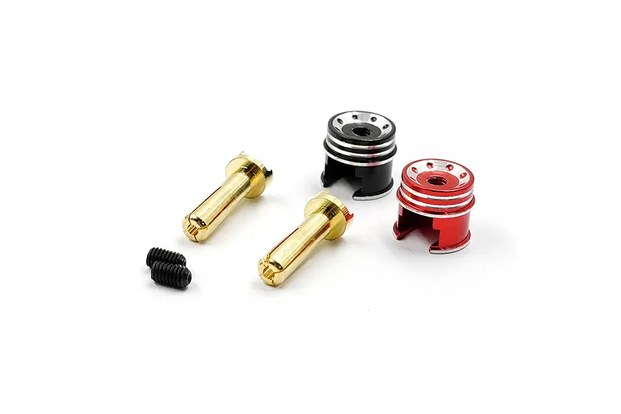 A set of Yeah Racing 4mm bullet plug grips including two gold bullet connectors, one black grip, one red grip, and two small black grub screws on a white background.