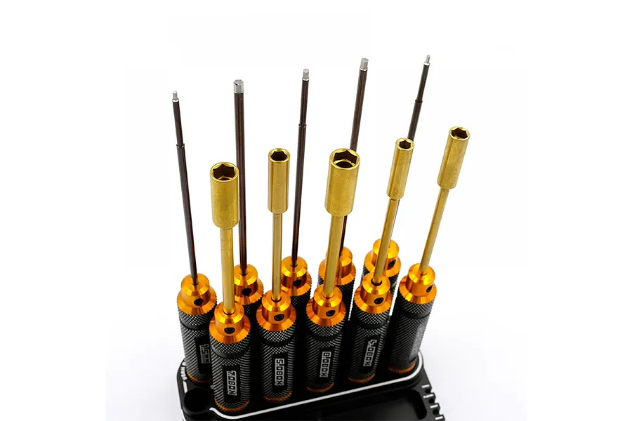 Yeah Racing Black/Gold Aluminium Hex &amp;amp; Lock Nut Drivers w/ Tool Stand image 87425