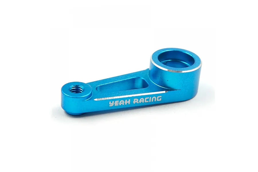 A blue anodized aluminium steering bellcrank arm for RC cars with the Yeah Racing logo engraved on the side.