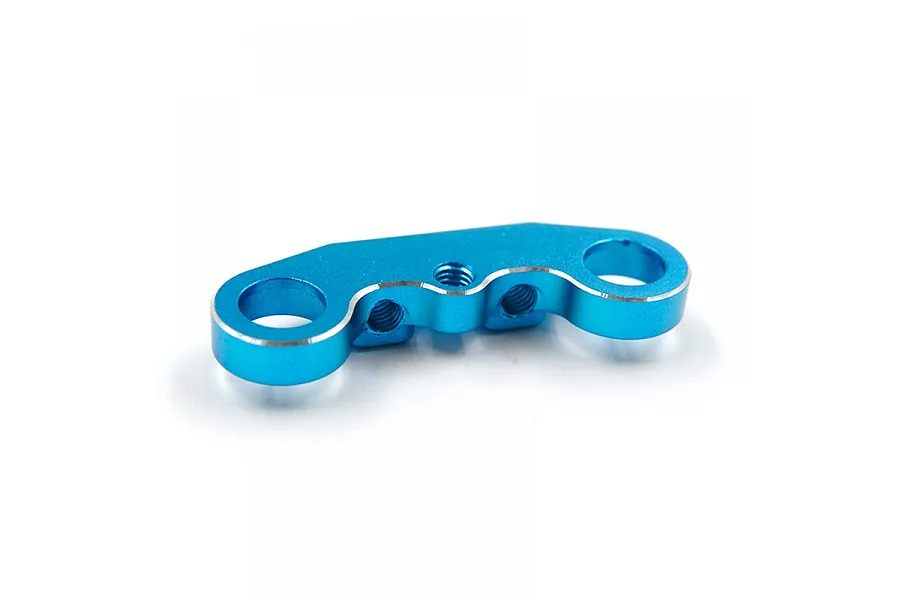 A blue anodized aluminium steering bellcrank component for RC cars, featuring two large holes and two threaded mounting points.