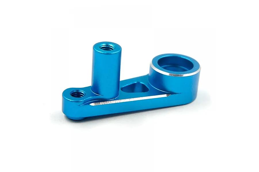 A blue anodized aluminium steering bellcrank component for RC cars, featuring a threaded post and a circular bearing housing.