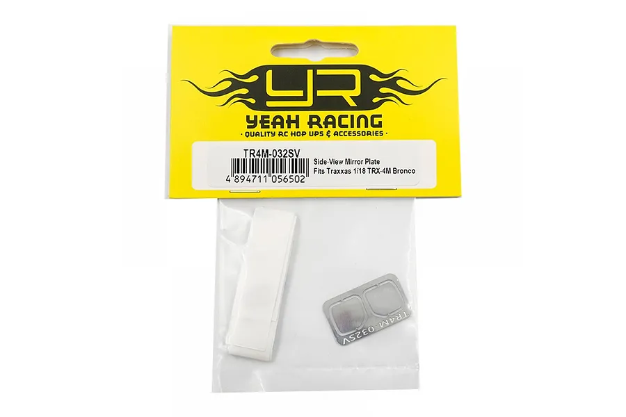 Yeah Racing reflective side-view mirror plates for Traxxas 1/18 TRX-4M Bronco in original yellow and black retail packaging.