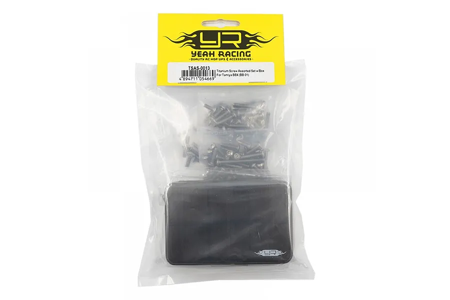 Yeah Racing titanium screw set for Tamiya BBX in a clear plastic bag with a yellow header card and a black storage box.