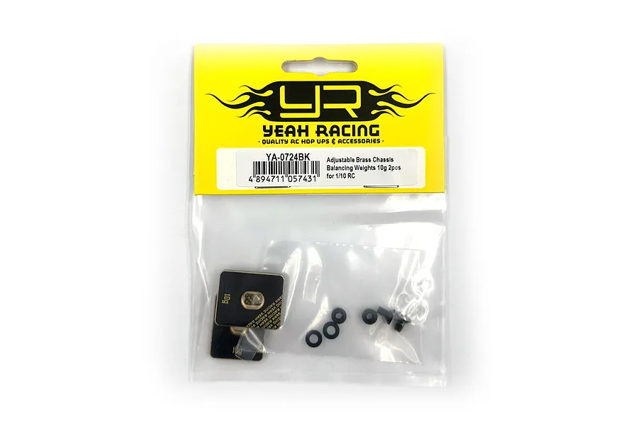 Yeah Racing 10g brass chassis balancing weights in original retail packaging with mounting hardware.