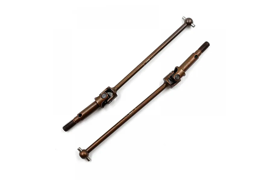Two brown spring steel CVD driveshafts for RC cars, shown against a plain white background.