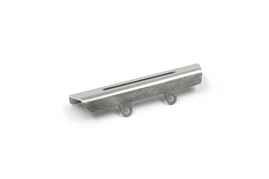 A silver-colored stainless steel front bumper for an RC car, featuring a long horizontal slot and two mounting tabs with holes.