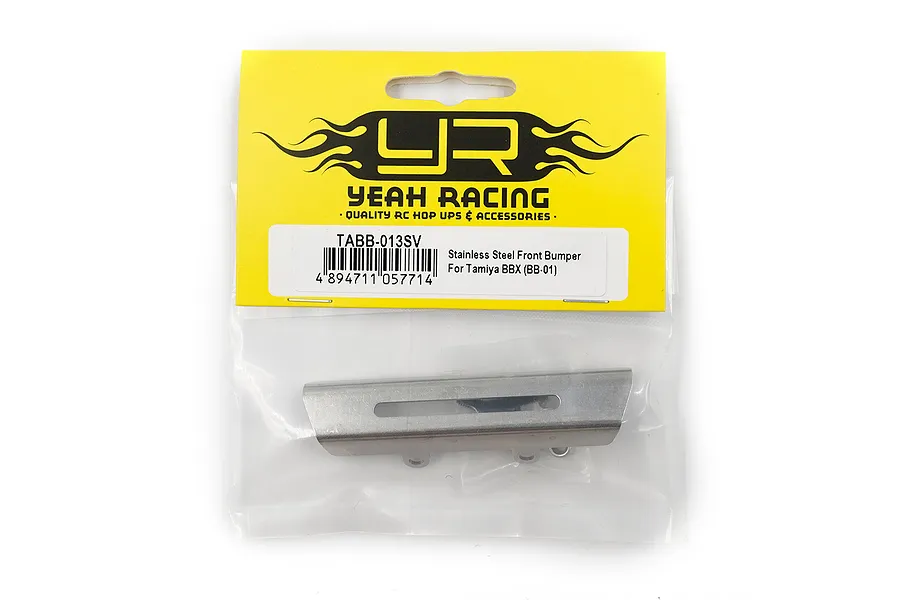 Yeah Racing stainless steel front bumper for Tamiya BBX in original yellow and black branded packaging.