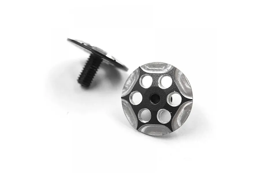 Two black and silver aluminium wing screws for RC cars, featuring a circular head with six holes and a threaded shaft.